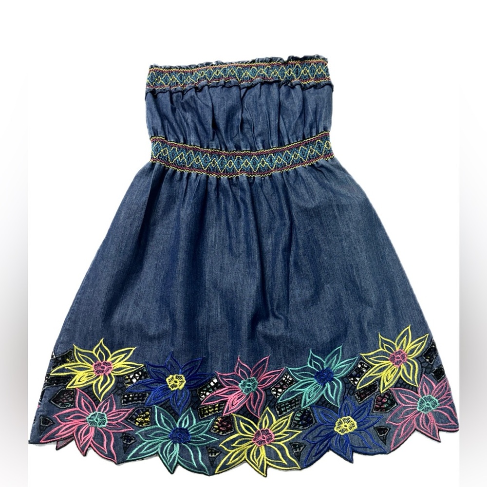 Hera Embroidery & Smocked Denim Strapless Dress Size Small